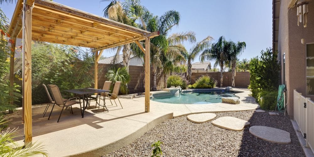 Beautifully landscaped backyard.
