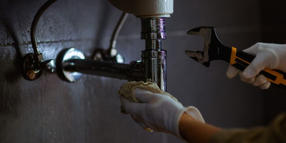 Plumber fixing leaky pipe.